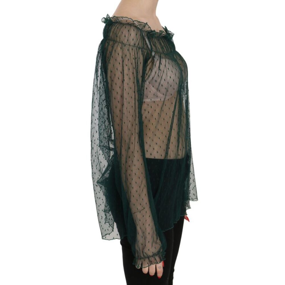 PINK MEMORIES Green Mesh See Through Long Sleeve Top Women's Blouse